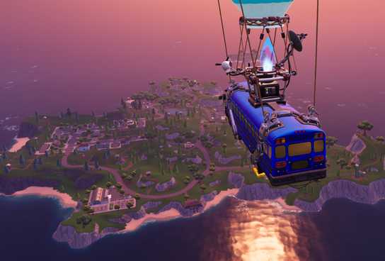 A floating bus over a small island in Fortnite.