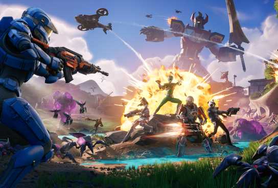 A Halo spartan, the Mighty Morphin Power Rangers, and the Fortnite Chapter 6 Season 4 battle pass skins fighting off a swarm of bugs.